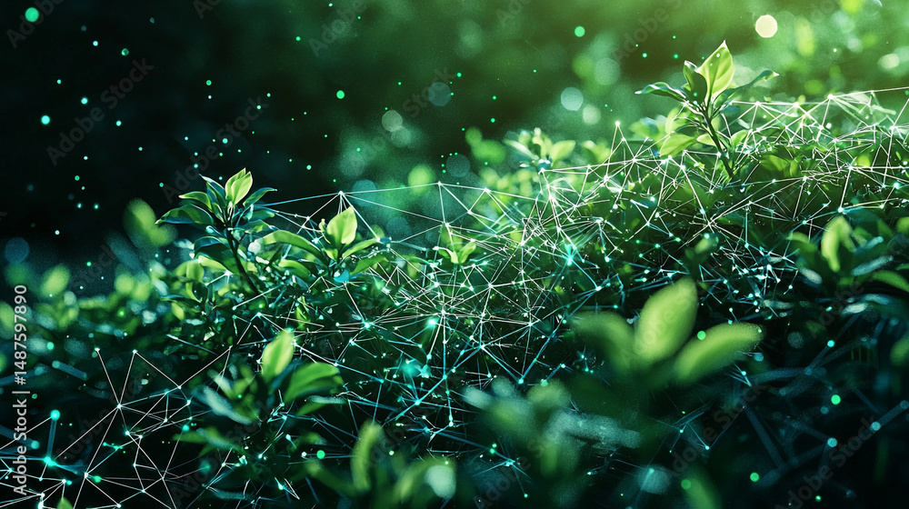 Poster a close up view of green plants with a digital network overlay and bokeh light effect background
