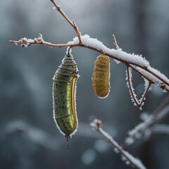 A butterfly chrysalis on stem, winter scene, pure backdrop