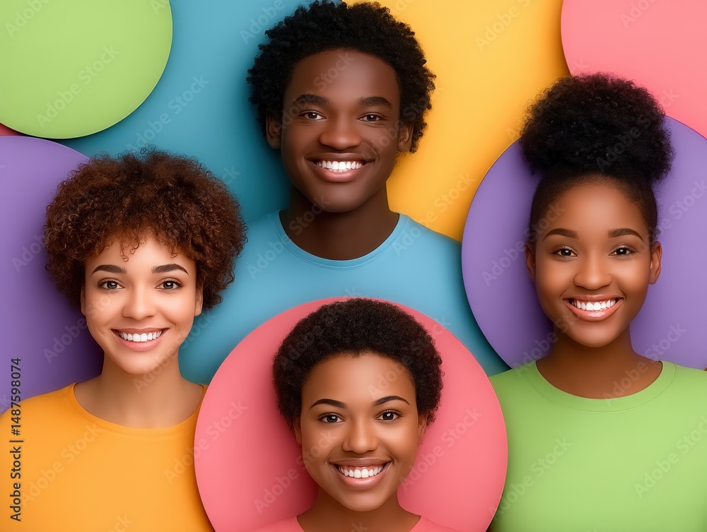 Poster diverse group of four smiling individuals showcasing vibrant personalities against colorful circular