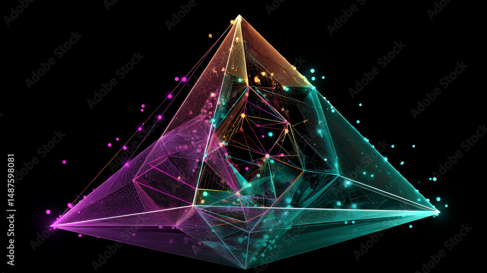 Poster prism light spectrum. 3d triangle shape from lines, triangles, particle, low poly and wireframe desi