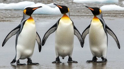 Fototapeta premium Group of penguins near a frozen inlet, reflecting the desolate beauty of Antarctica