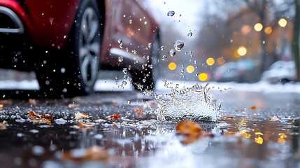 Water Splash Car Wet Street Fall Leaves