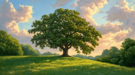 Lone oak tree in the center of a bright green field under radiant sunset hues of magenta and gold