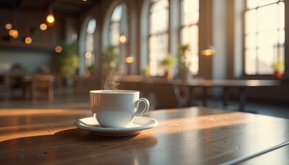 Coffee Cup on Wooden Table in Cozy Cafe