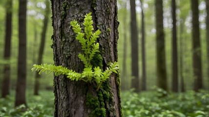 Obraz premium Green fern on the bark of a forest tree
