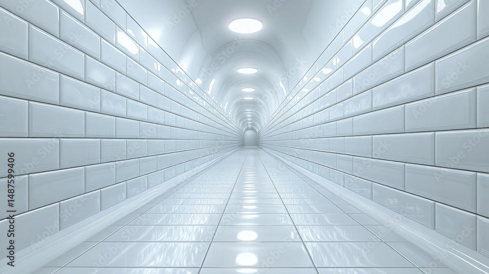 Poster long white tiled tunnel with ceiling lights receding into the distance. ideal for representing clean