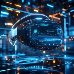 Futuristic virtual reality headset displayed in a technological environment.