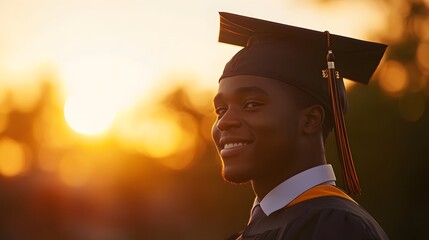closeup of black graduate student with cap tassel in focus and sunset in background
