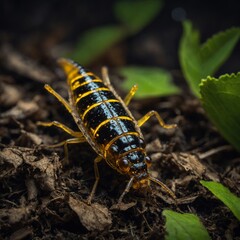 A firefly larva in leaf litter, isolated