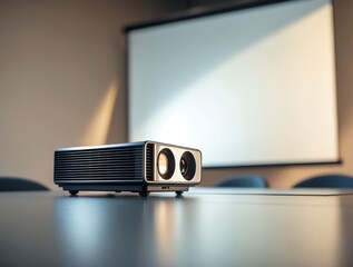 Modern Projector on Meeting Table with Screen for Presentations