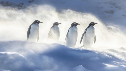 Naklejka premium Penguin group flanked by wind-blown ridges of snow in pristine winter light