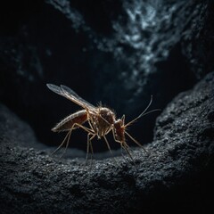 A mosquito hibernating in dark cave, minimalist