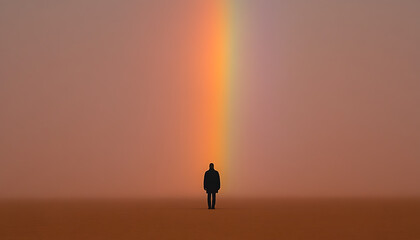 Lone Figure Under Rainbow: A solitary individual stands on a desolate landscape beneath a vibrant rainbow, creating a surreal and contemplative scene.