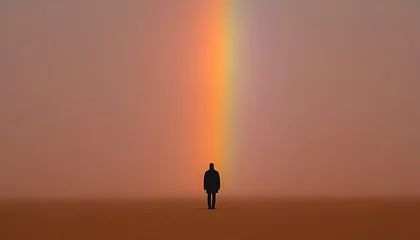 Wandcirkels Pantone 2025 Mocha Mousse Lone Figure Under Rainbow: A solitary individual stands on a desolate landscape beneath a vibrant rainbow, creating a surreal and contemplative scene.  © photo for everything