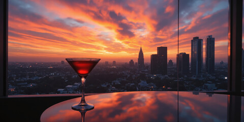 Cocktail Sunset Cityscape Red Drink Glass Rooftop Bar City Skyline Sunset View