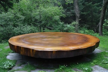 Fototapeta premium Large, polished wooden disc sculpture in a forest setting.