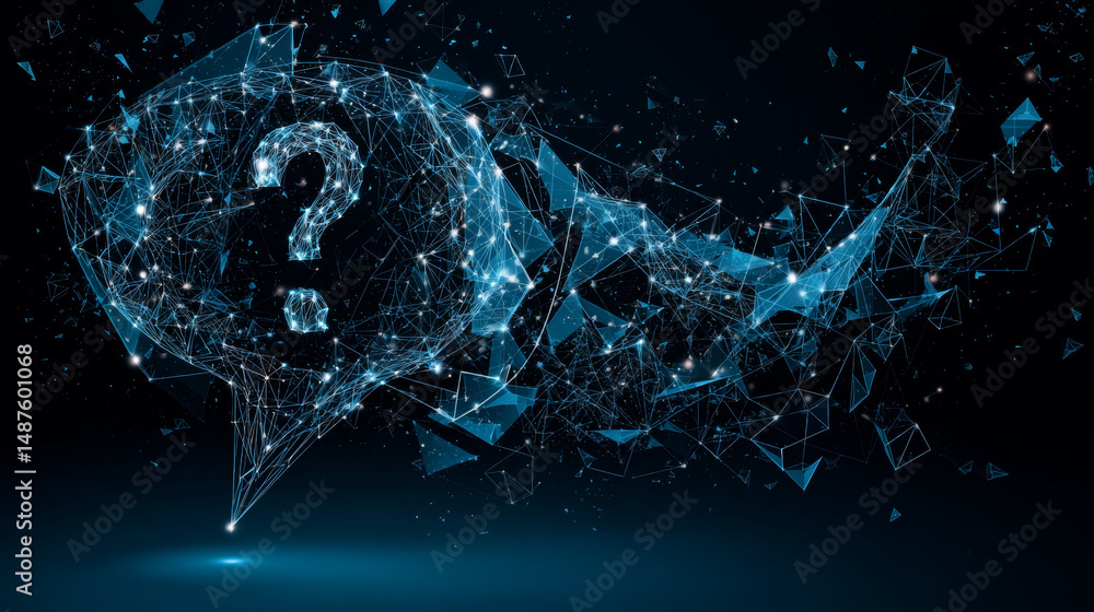 Poster question mark with speech bubble icon from lines, triangles and particle style design. illustration 