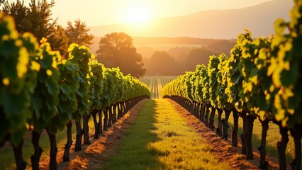 Naklejka premium A sunlit pathway through a vineyard at sunrise