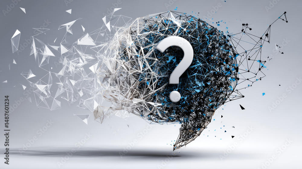 Poster question mark with speech bubble icon from lines, triangles and particle style design. illustration 