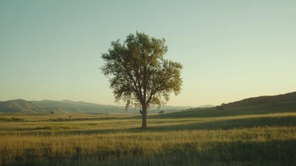 Fototapeta premium Single tall tree standing strong in a breezy green pasture during golden sunset