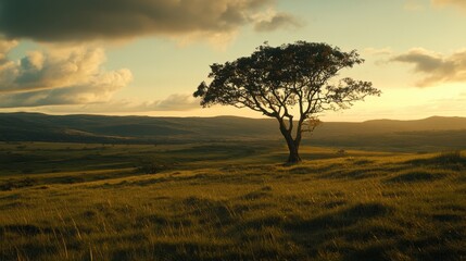 Fototapeta premium Single tall tree standing strong in a breezy green pasture during golden sunset