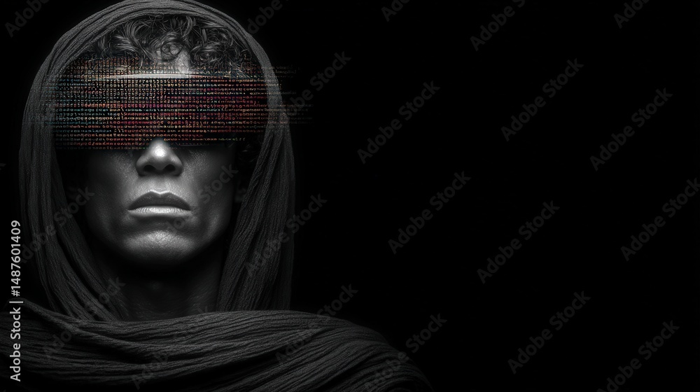 Aufkleber digital transformation captured through a futuristic portrait of a male figure draped in fabric, sho