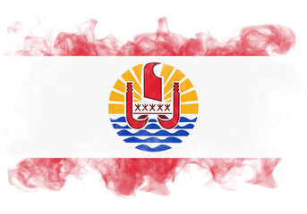Distressed stylized depiction of French Polynesia's flag featuring white, red, gold, and blue colors with a central emblem on a