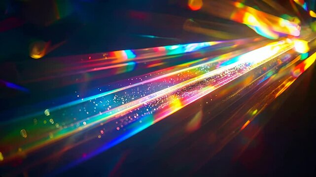Vivid diffraction effects creating vibrant patterns of light with prismatic optical colors, showcasing a mesmerizing and dark abstract composition for creative projects and conceptual visual designs
