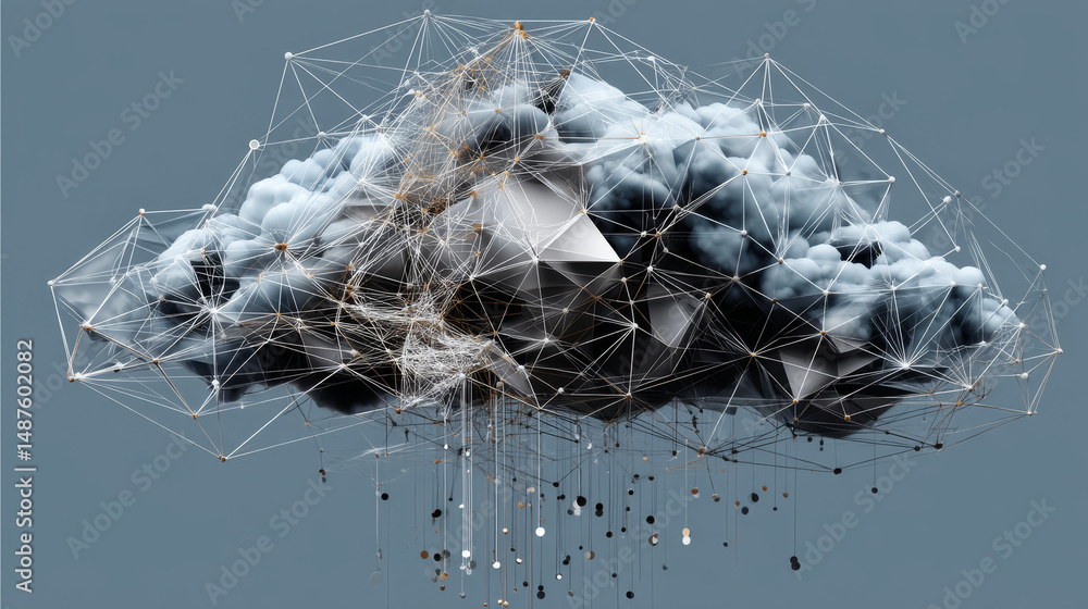 Poster cloud with thunders icon from lines, triangles and particle style design. vector illustration