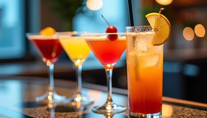 Colorful Cocktail Lineup: A tempting arrangement of four vibrant cocktails, each showcasing a unique color and garnish. This image captures the allure and variety of bar-worthy beverages.