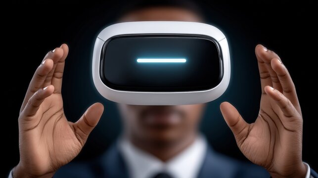 A businessman interacting with advanced augmented reality technology while showcasing a futuristic virtual reality device highlighting innovation and digital transformation in modern business