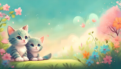 Two cute kittens sit in a colorful, serene landscape filled with flowers and butterflies.