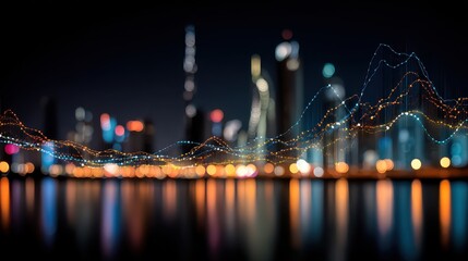 City skyline at night with abstract data visualization elements showcasing financial trends and analytics in a modern urban environment