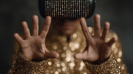 Enthusiastic individual engages with virtual reality wearing a futuristic device showcasing a binary code interface illuminated by shimmering golden lights creating an immersive experience