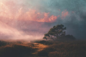 Fototapeta premium Solitary Tree in Misty Landscape: A Serene, Dreamlike Scene