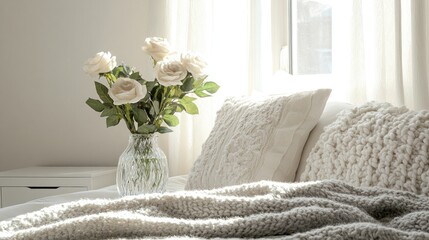 Soft, cozy bedroom interior with white roses.