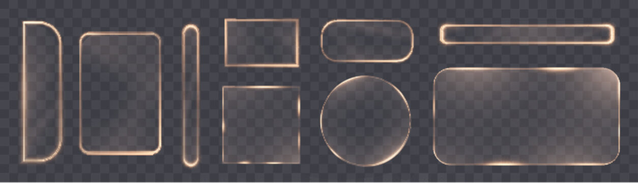 Collection of glowing light frames in various geometric shapes with soft orange illumination on transparent background. Ideal for digital UI elements, HUD design, or sci-fi interfaces.

