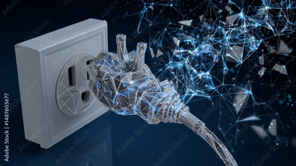 Poster electric socket with a plug. connection and disconnection concept. lines, triangles and particle sty