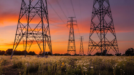 Electric transmission towers at sunset