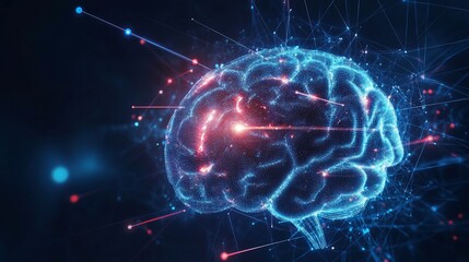 Abstract digital brain illustration with glowing neural connections and dynamic data flow