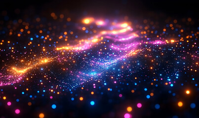 Obraz premium Dazzling abstract display Bright dots of orange, pink, and blue illuminate against a dark background, creating flowing patterns