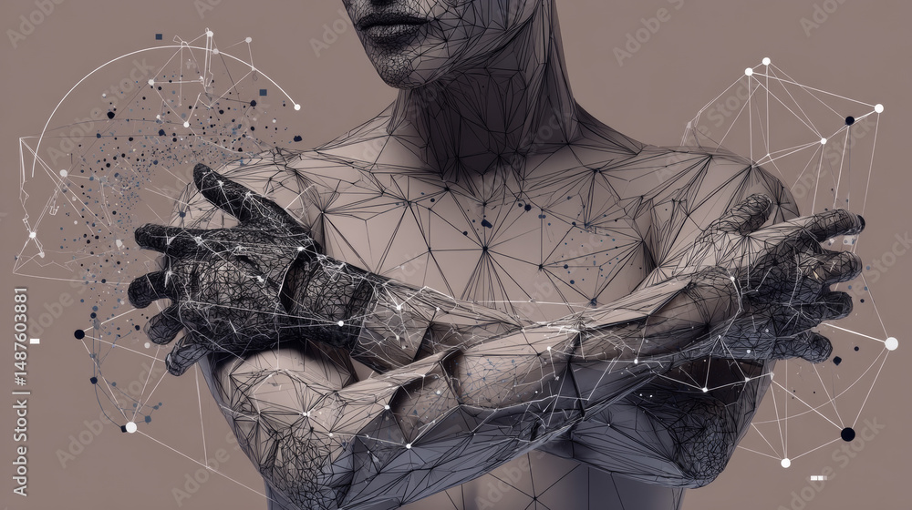 Poster crossed arms from lines, triangles and particle style design. illustration vector