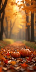 Autumn leaves path with pumpkins