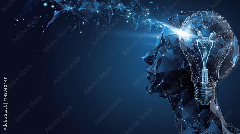 Aufkleber abstract head and lightbulb form lines and triangles, point connecting network on blue background. i