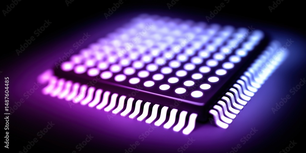 Poster high-tech microchip design showcasing intricate connections and circuits illuminated in vibrant purp