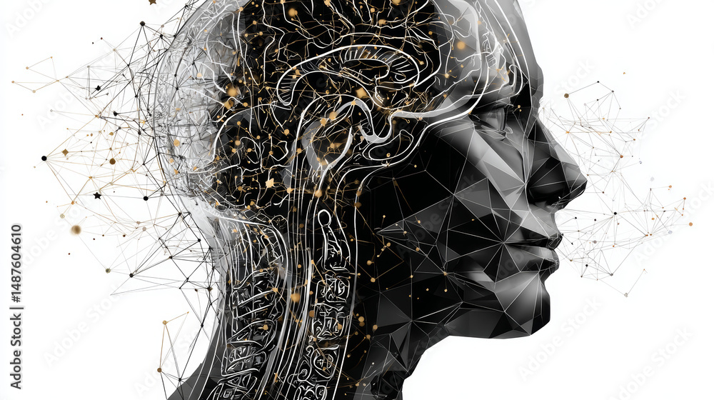 Aufkleber human head with left and right human brain concept from lines, triangles and particle style design. 
