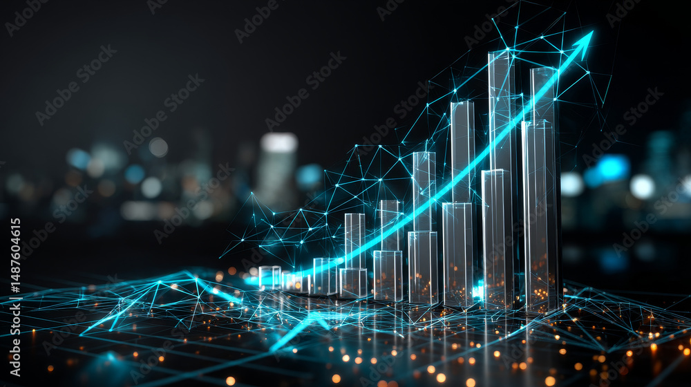 Aufkleber abstract 3d bar chart with glowing blue network and rising arrow on a dark background