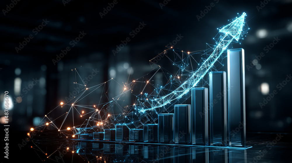 Poster abstract 3d bar chart with glowing blue network and rising arrow on a dark background