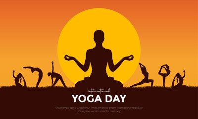 International Yoga Day Post and Greeting Card Design. Modern and Elegant Yoga Day Creative with Woman in Meditation Pose Vector Illustration