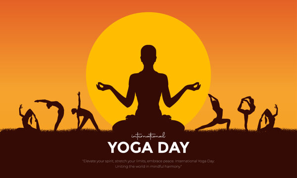 International Yoga Day Post and Greeting Card Design. Modern and Elegant Yoga Day Creative with Woman in Meditation Pose Vector Illustration